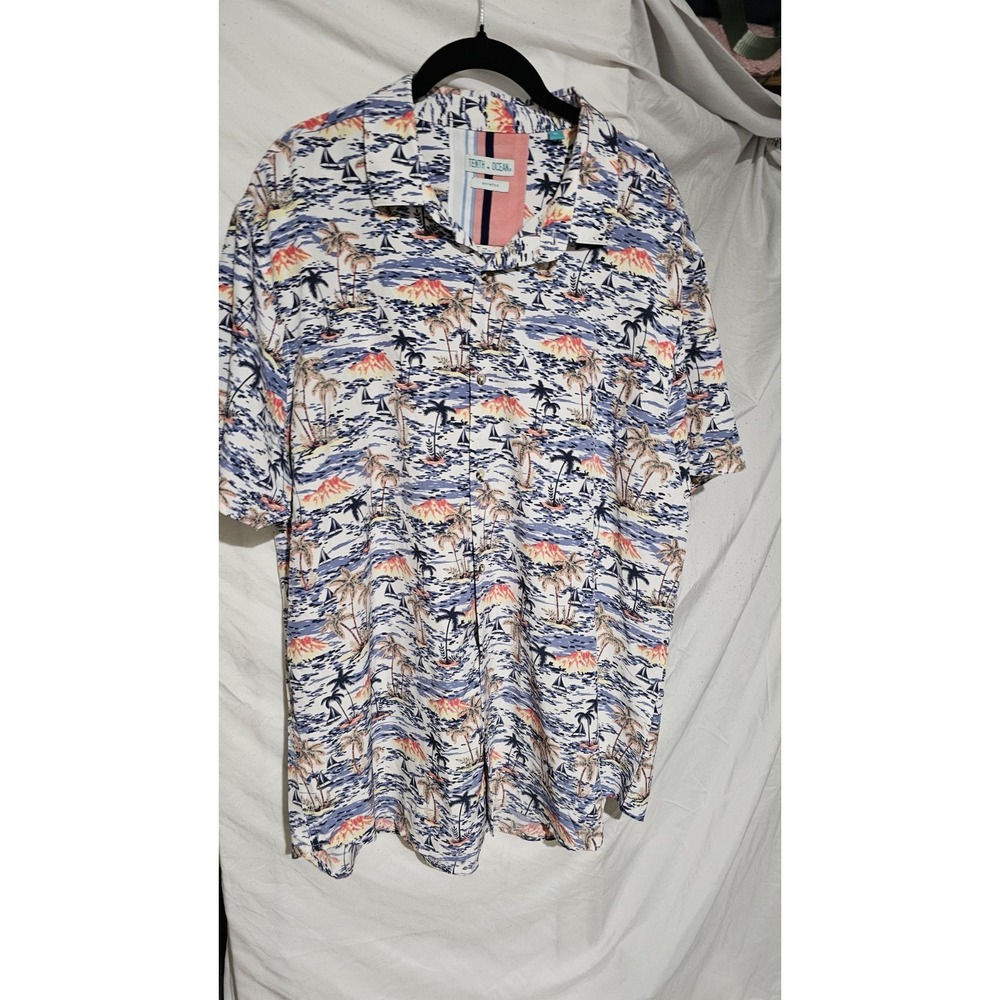 Tenth + Ocean Stretch Hawaiian Shortsleeve Button Up Palm Trees Sailboats Sz Xl
